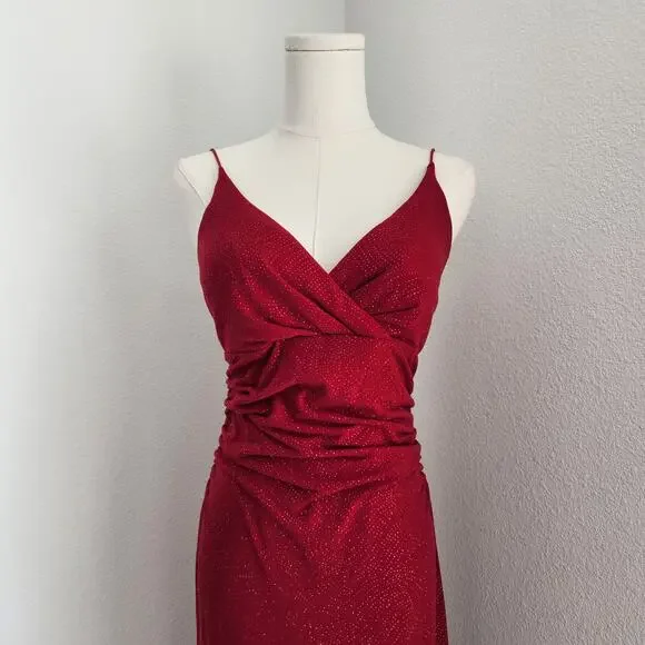Vintage Y2K City Triangles Red Ruched Maxi Prom Dress Stretchy Spaghetti Strap S - Picture 2 of 13